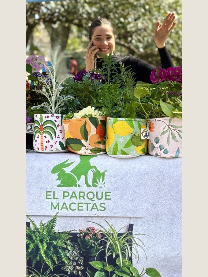 Paula saluda detrás del mostrador del puesto, con cuatro macetas sublimadas de distintas estampas y sus plantas adelante