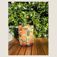Ver: Maceta sublimada de naranjas con una planta, sobre una mesa de madera